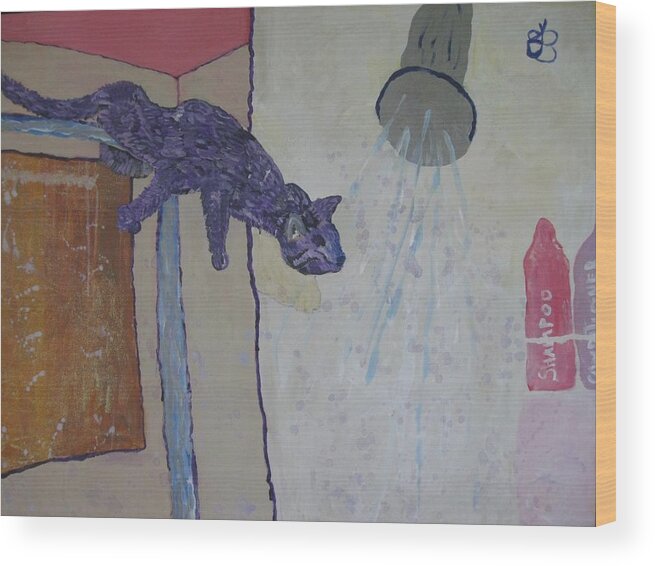 Purple Wood Print featuring the painting Shower Cat by AJ Brown