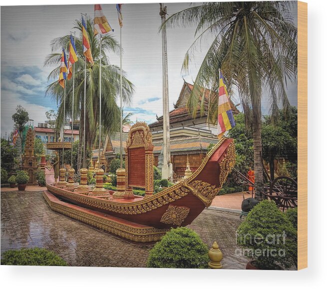 Cambodia Wood Print featuring the photograph Siem Reap Monk Temple Boats Display by Chuck Kuhn