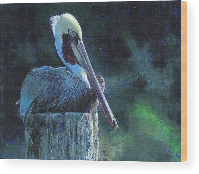Pelican Wood Print featuring the painting Sitting on the St Marks by Pam Talley
