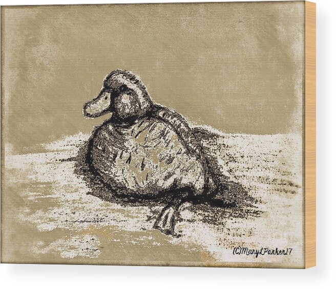 Mix Media Wood Print featuring the mixed media Sketch Of Duck In Water by MaryLee Parker