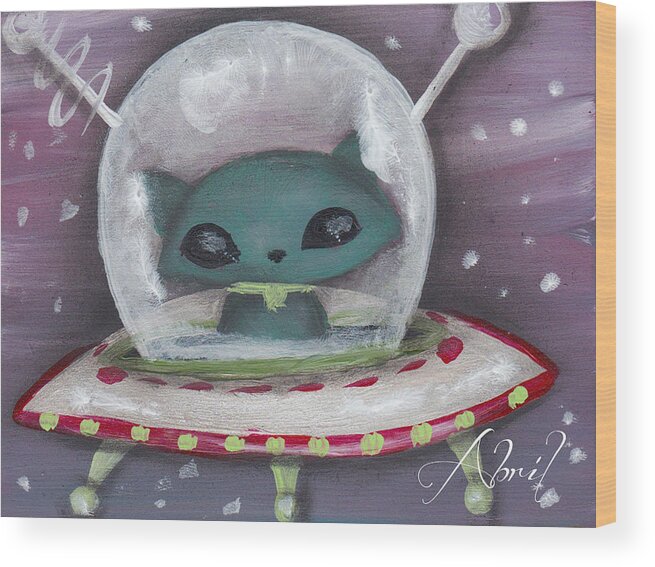 Mid Century Modern Wood Print featuring the painting Space Cat Alien by Abril Andrade