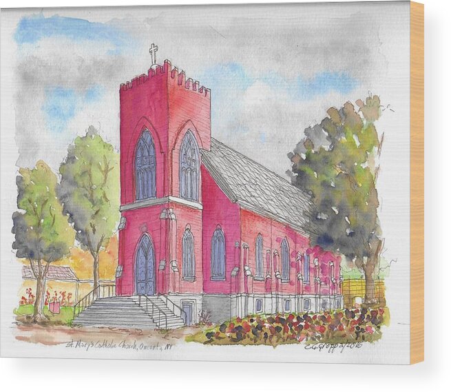 Churchs Wood Print featuring the painting St. Mary's Catholic Church, Oneonta, NY by Carlos G Groppa