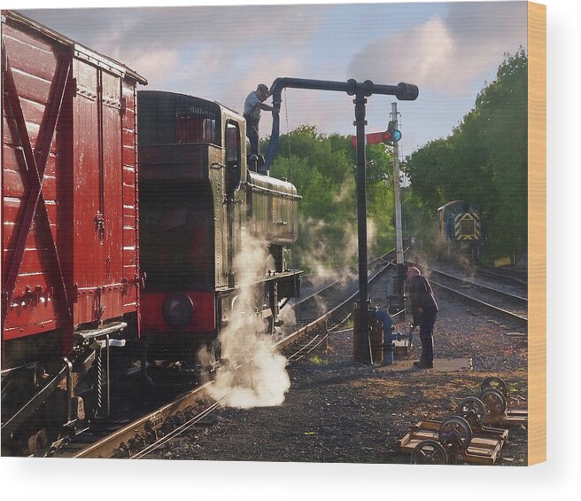 Old Steam Train Wood Print featuring the photograph Steam Train Taking On Water by Gill Billington