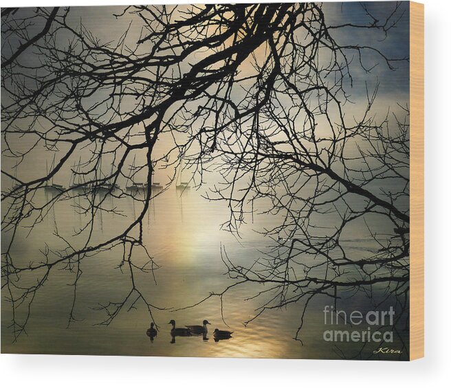 Seascape Wood Print featuring the photograph Stille hjerte sol gaar ned by Kira Bodensted