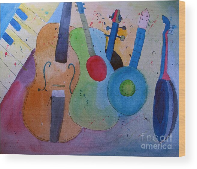 Stringed Instrument Wood Print featuring the painting Strings by Sandy McIntire