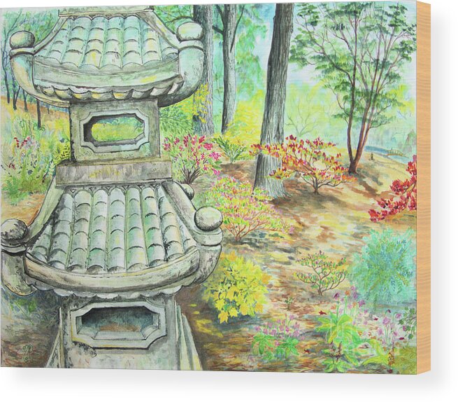 Japanese Wood Print featuring the painting Strolling through the Japanese Garden by Nicole Angell