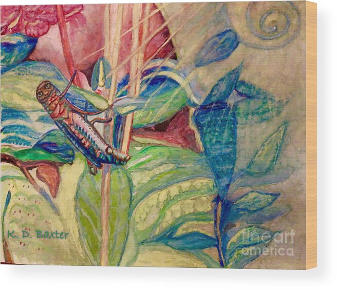 Ultramarine Blue Avocado Green Cool And Warm Greens And Blues Warm Red Gold And Tan Smiling Grasshopper Hanging Onto Stem Sun Spiral Symbol Spiritual Work Acrylic Works Nature Works Macro Insects Wood Print featuring the painting Sun Salutations to a Grasshopper by Kimberlee Baxter