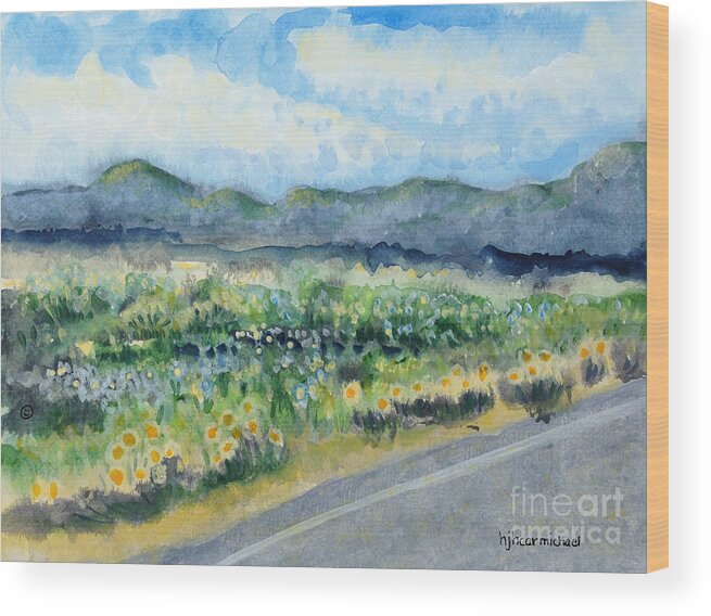 Acrylic On Paper Wood Print featuring the painting Sunflowers on the Way to the Great Sand Dunes by Holly Carmichael