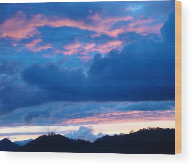 Sunset Wood Print featuring the photograph Sunset Art Print Blue Twilight Clouds Pink Glowing Light over Mountains by Patti Baslee