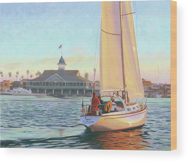 Sailboat Wood Print featuring the painting Sunset Tack by Steve Simon
