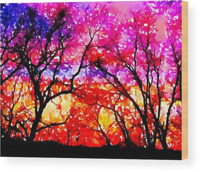 Digital Art Wood Print featuring the pyrography Sunset Tree Line by Delynn Addams