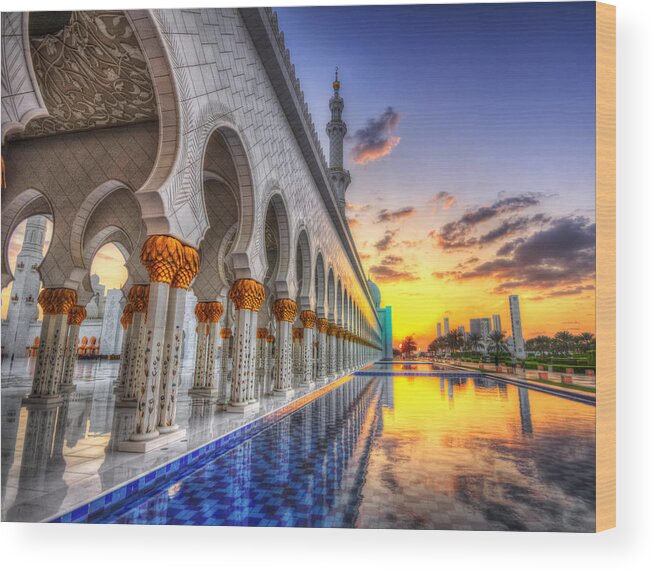 Abstract Wood Print featuring the photograph Sunset Water Path Temple by John Swartz