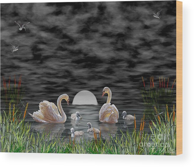 Swan Wood Print featuring the digital art Swan Family by Terri Mills