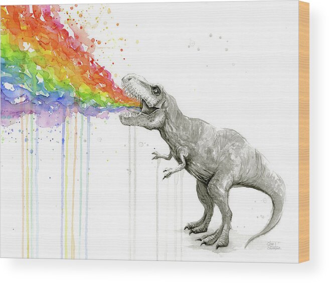T-rex Wood Print featuring the painting T-Rex Tastes the Rainbow by Olga Shvartsur