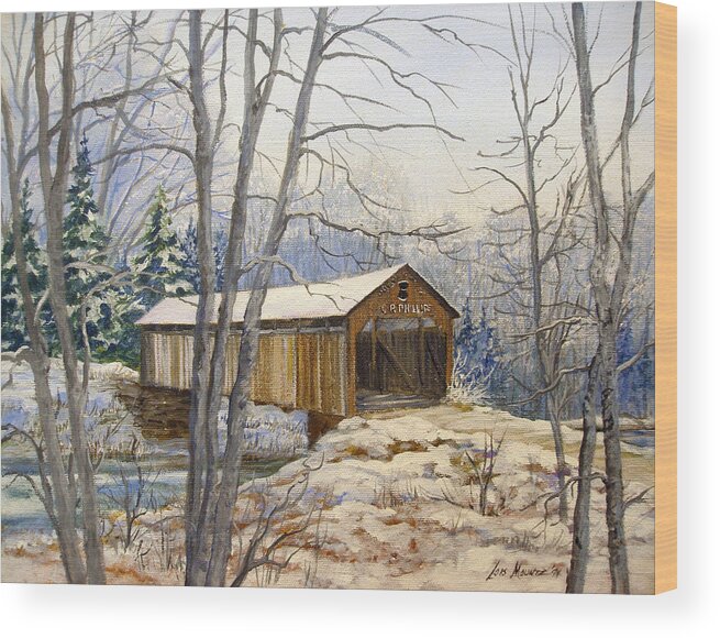 Oil Painting;bridge;covered Bridge;winter Scene;snow;landscape;winter Landscape; Wood Print featuring the painting Teegarden Covered Bridge in Winter by Lois Mountz