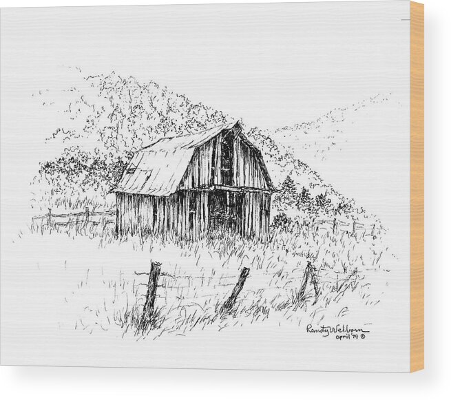 Tennessee Hills Barn Wood Print featuring the drawing Tennessee Hills with Barn by Randy Welborn