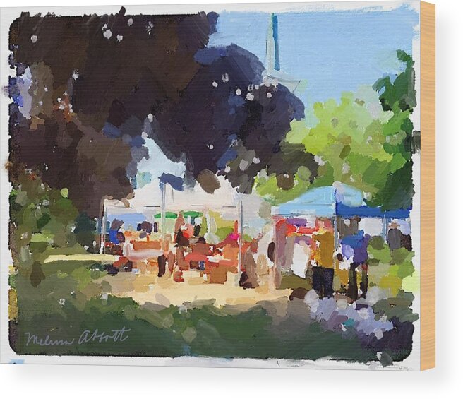  Wood Print featuring the painting Tents and Church Steeple at Rockport Farmers Market by Melissa Abbott