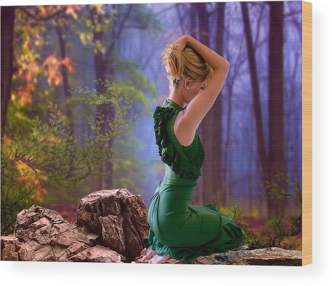 Photomanipulation Wood Print featuring the photograph The girl in the woods by Sergey Lakusta