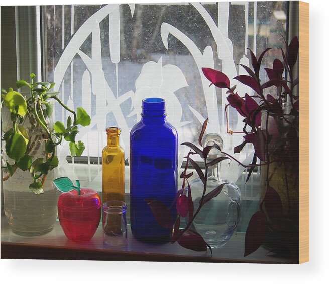 Colored Bottles Wood Print featuring the photograph The Kitchen Window Sill by Jackie Mueller-Jones