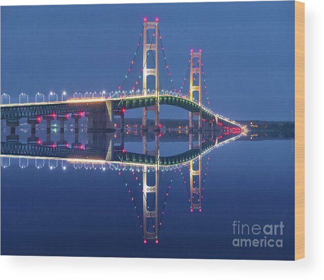 Awe Wood Print featuring the photograph The lights of scenic Mackinac Bridge by James Brey