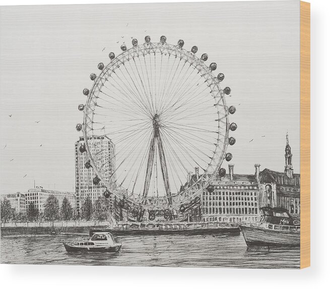 London Wood Print featuring the drawing The London Eye by Vincent Alexander Booth