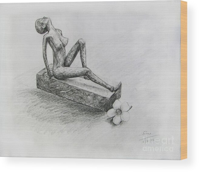 Nude Wood Print featuring the drawing The Nude Sculpture by Sukalya Chearanantana