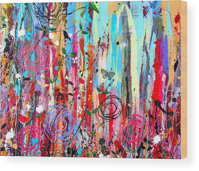 Pink Abstract Wood Print featuring the painting The Riotous Pink by Angie Wright