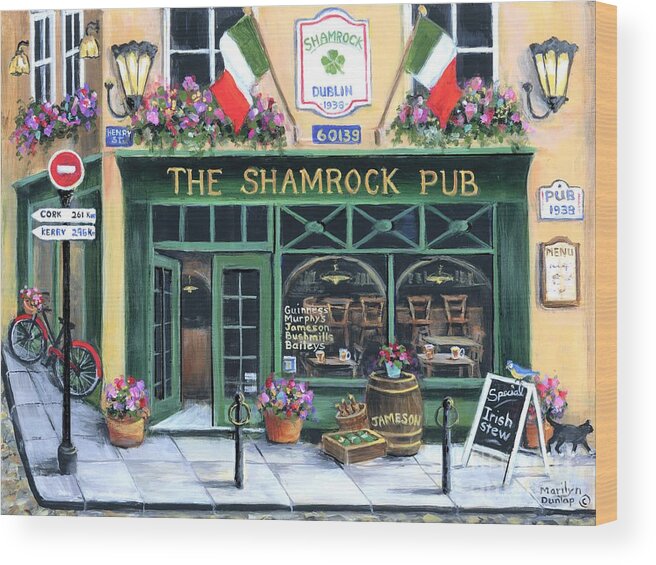 St Patrick's Day Wood Print featuring the painting The Shamrock Pub by Marilyn Dunlap