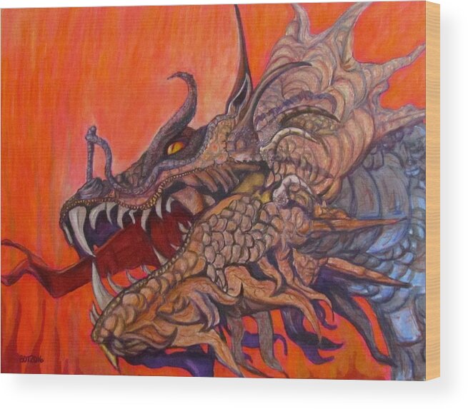 Dragon Wood Print featuring the painting There Once Were Dragons by Barbara O'Toole