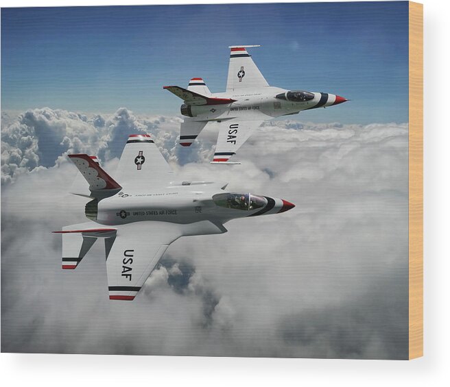 U.s. Air Force Thunderbirds Aerial Demonstration Team Wood Print featuring the mixed media Thunderbirds of the Future by Erik Simonsen
