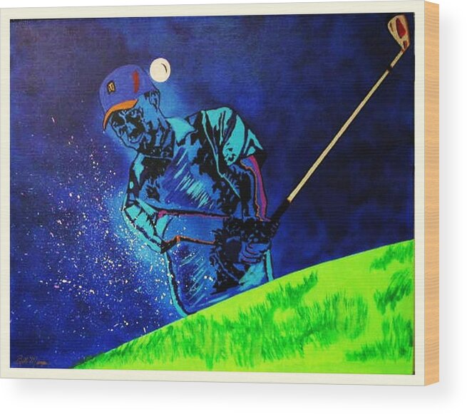 Tiger Woods Paintings Wood Print featuring the painting Tiger Woods-Playing in the Sandbox by Bill Manson