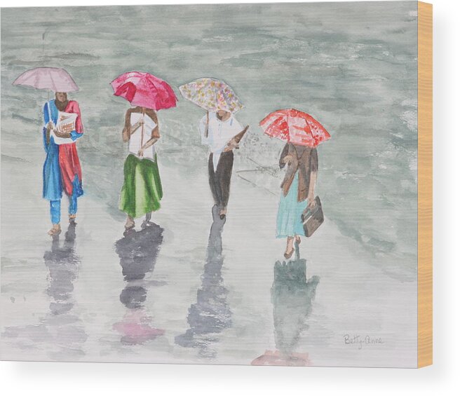 Rain Wood Print featuring the painting To work in the rain by Betty-Anne McDonald