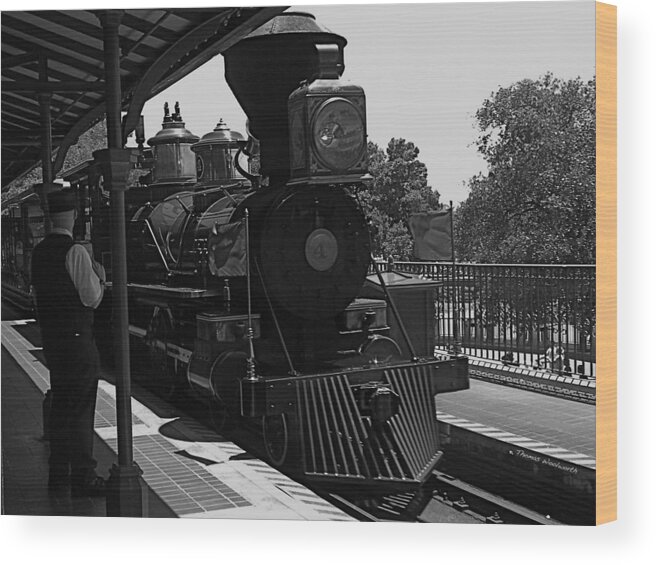 Black And White Wood Print featuring the photograph Train Ride Magic Kingdom Black and White MP by Thomas Woolworth