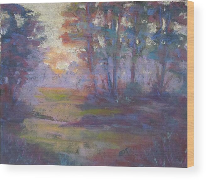 Sunrise Wood Print featuring the pastel Trees in the mist by Barbara O'Toole
