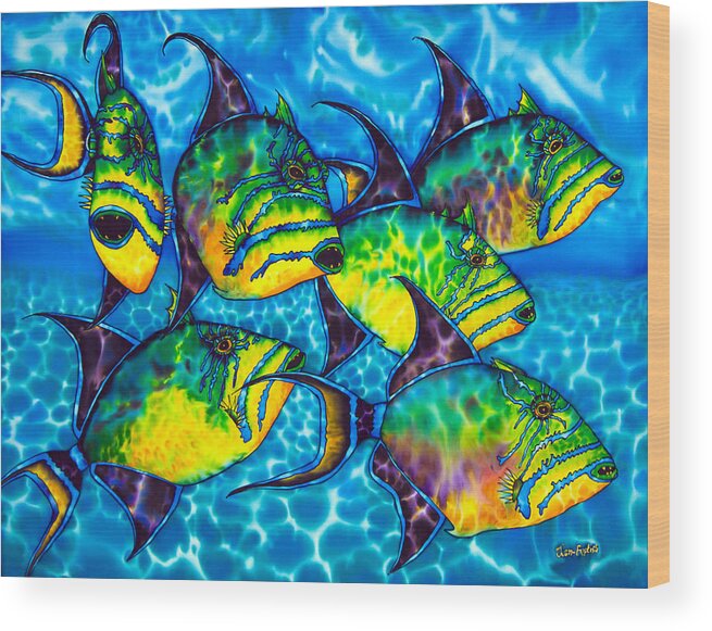 Diving Wood Print featuring the painting Trigger Fish - Caribbean Sea by Daniel Jean-Baptiste