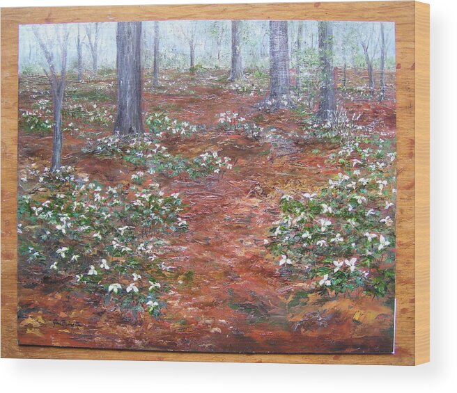 Trilliums Wood Print featuring the painting Trilliums after the rain by Jan Byington