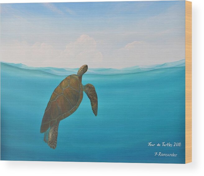 Sea Wood Print featuring the painting Turtle Rising by Torrence Ramsundar