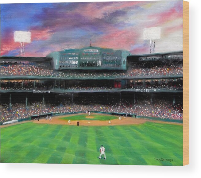  Baseball Wood Print featuring the painting Twilight at Fenway Park by Jack Skinner