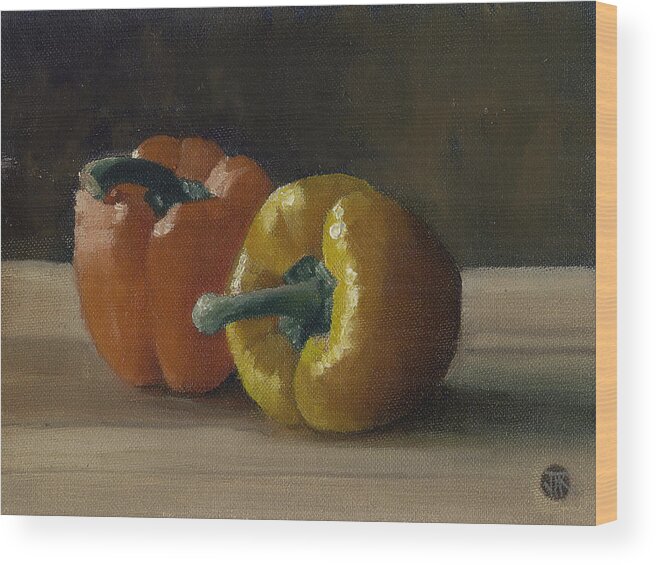 Vegitables Wood Print featuring the painting Two Bell Peppers by John Reynolds