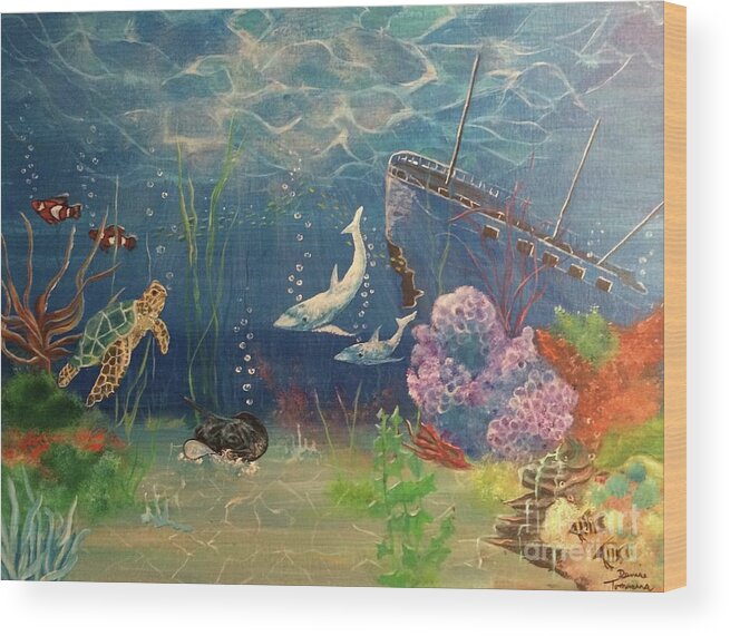 Sea Wood Print featuring the painting Under The Sea by Denise Tomasura