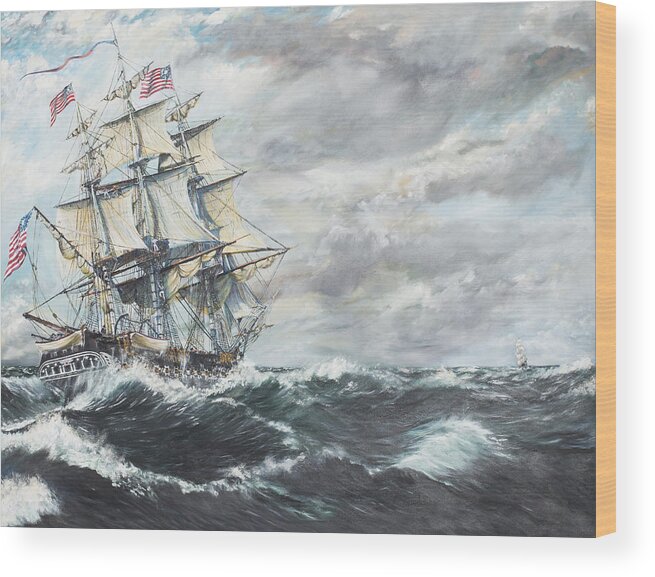 Uss Constitution Wood Print featuring the painting USS Constitution heads for HM Frigate Guerriere by Vincent Alexander Booth