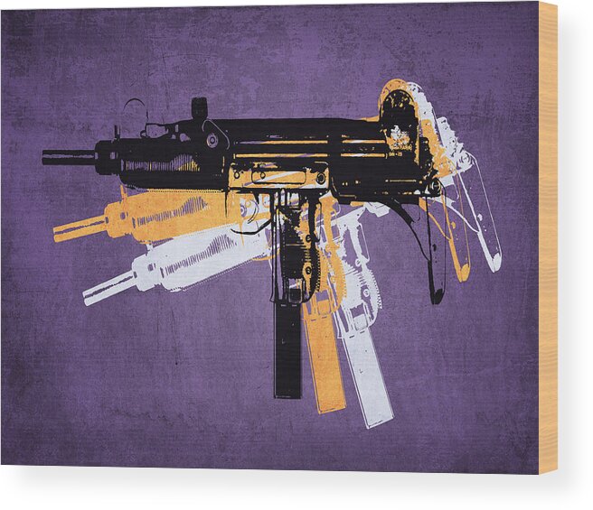 Uzi Wood Print featuring the digital art Uzi Sub Machine Gun on Purple by Michael Tompsett