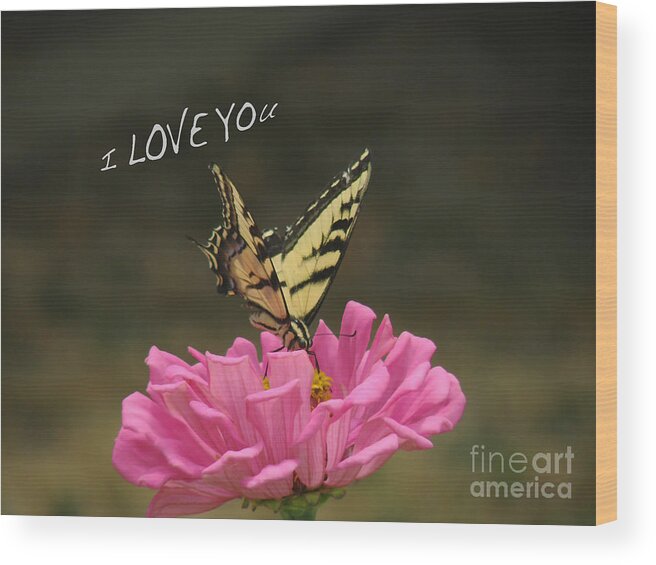 Valentine Wood Print featuring the pyrography Valentine Zinnia and the Swallowtail by Debby Pueschel