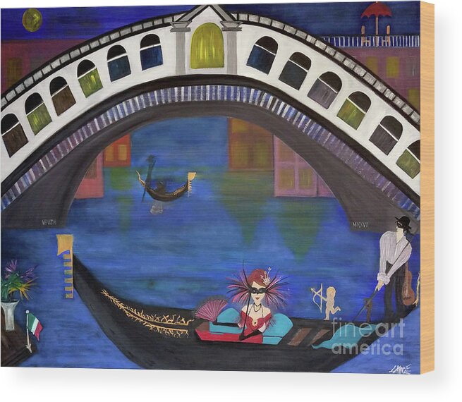 Gondola Wood Print featuring the painting Venice Gondola By Night by Artist Linda Marie