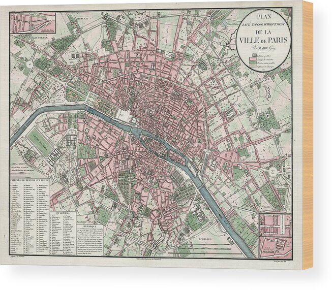 Ville De Paris Wood Print featuring the drawing Ville de Paris - Historical Map of the City of Paris, 1821 - Antique Maps by Studio Grafiikka
