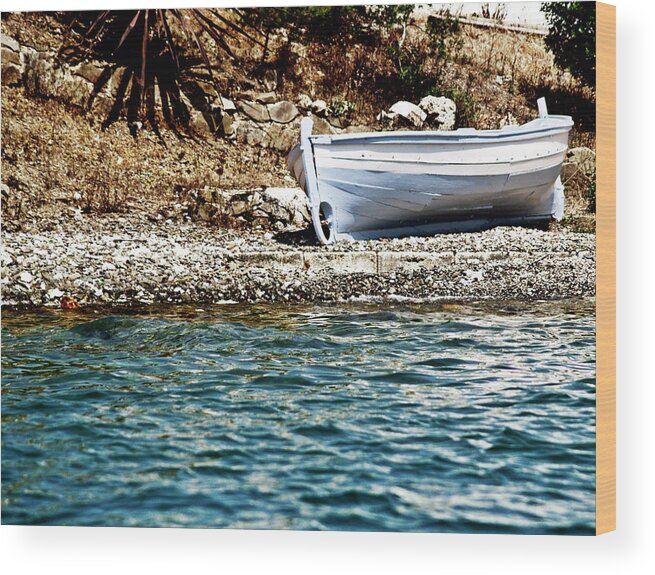 Boat Wood Print featuring the photograph Vintage grey boat so close so far by Pedro Cardona Llambias