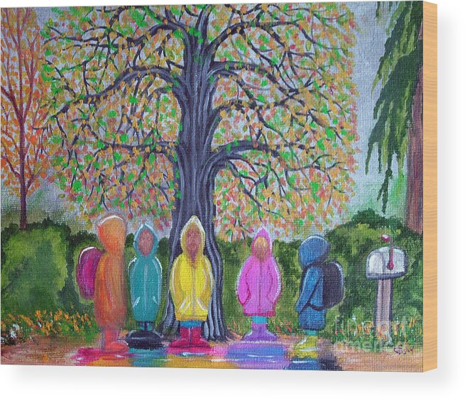 Children Wood Print featuring the painting Waiting for the bus by Nick Gustafson