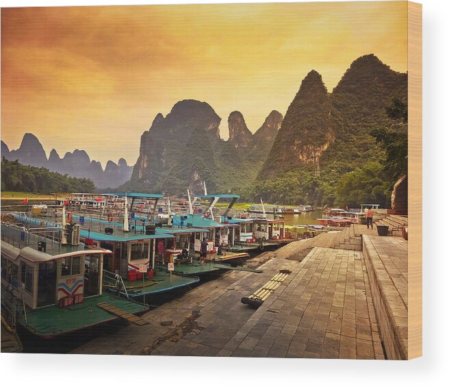 Boat Wood Print featuring the photograph Waiting for the dockside boat-China Guilin scenery Lijiang River in Yangshuo by Artto Pan