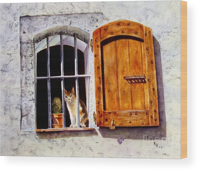 Cat Wood Print featuring the painting Watchful Eyes by Karen Fleschler