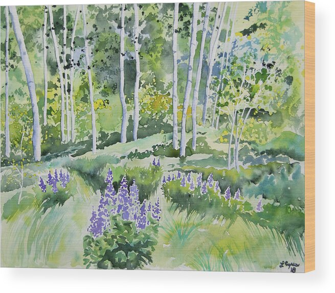Aspen Wood Print featuring the painting Watercolor - Early Summer Aspen and Lupine by Cascade Colors